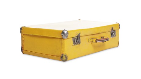 Photo of One yellow suitcase isolated on white. Used stuff