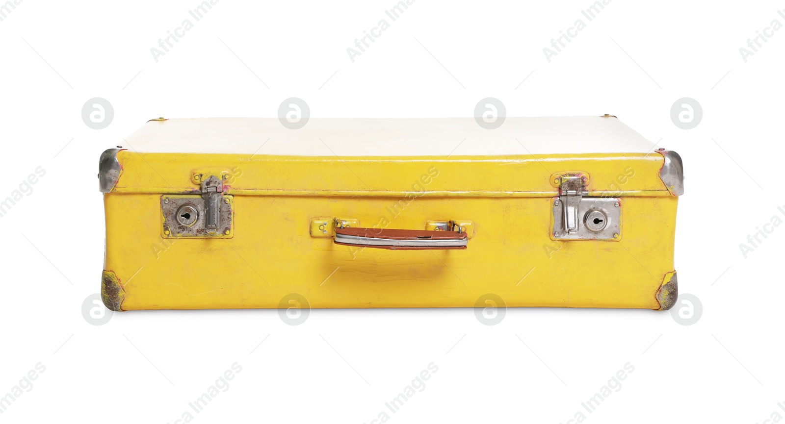 One yellow suitcase isolated on white. Used stuff Photo of One yellow suitcase isolated on white. Used stuff