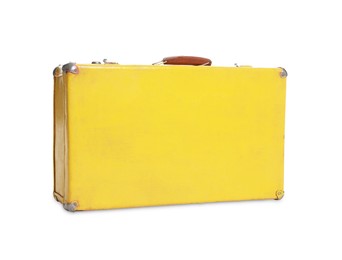 Photo of One yellow suitcase isolated on white. Used stuff