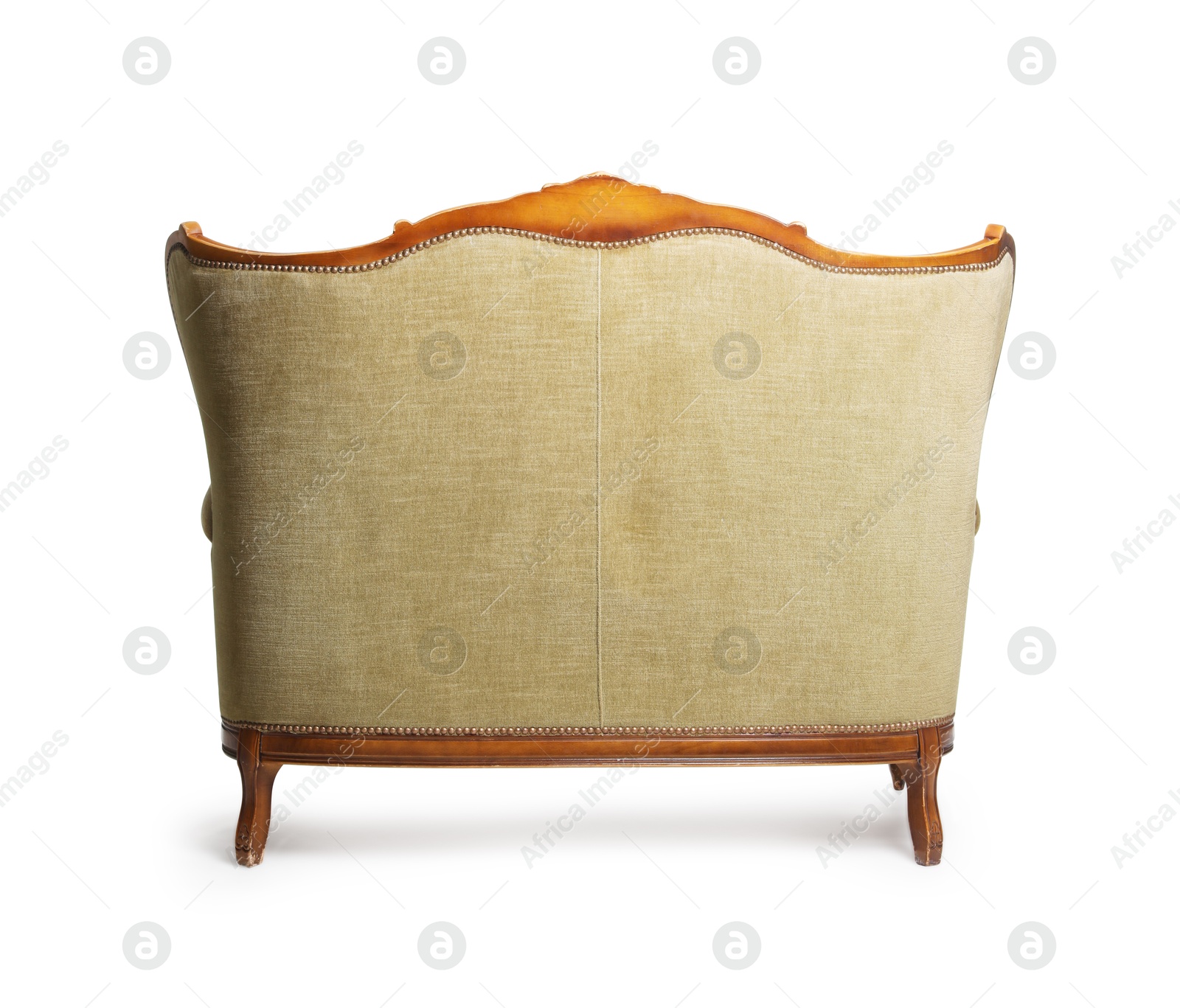 One stylish sofa isolated on white, back view. Used stuff Photo of One stylish sofa isolated on white, back view. Used stuff