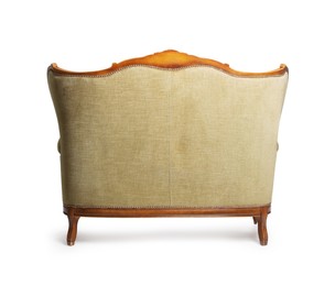 Photo of One stylish sofa isolated on white, back view. Used stuff