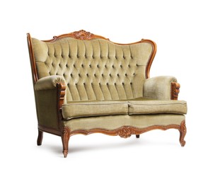 Photo of One stylish sofa isolated on white. Used stuff