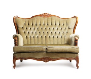 Photo of One stylish sofa isolated on white. Used stuff