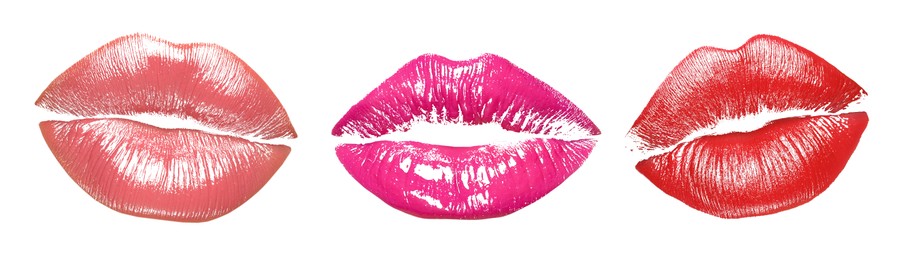 Image of Lipstick kiss marks in different colors on white background, set