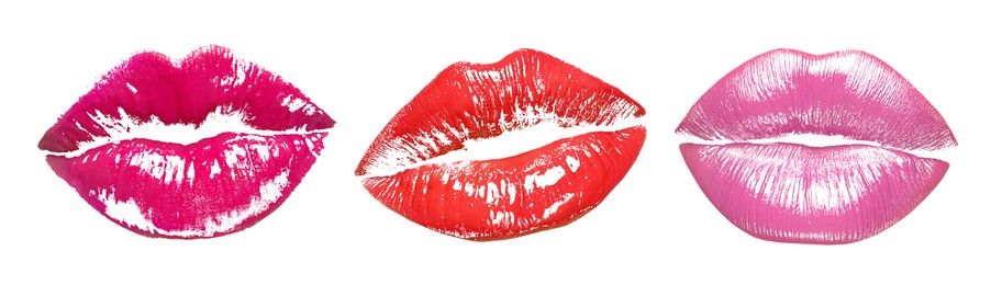 Image of Lipstick kiss marks in different colors on white background, set