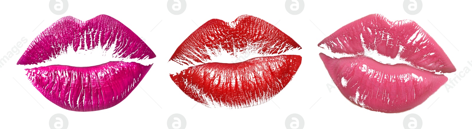 Image of Lipstick kiss marks in different colors on white background, set