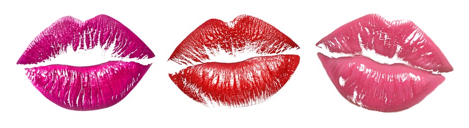 Image of Lipstick kiss marks in different colors on white background, set
