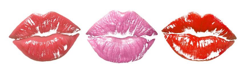 Image of Lipstick kiss marks in different colors on white background, set
