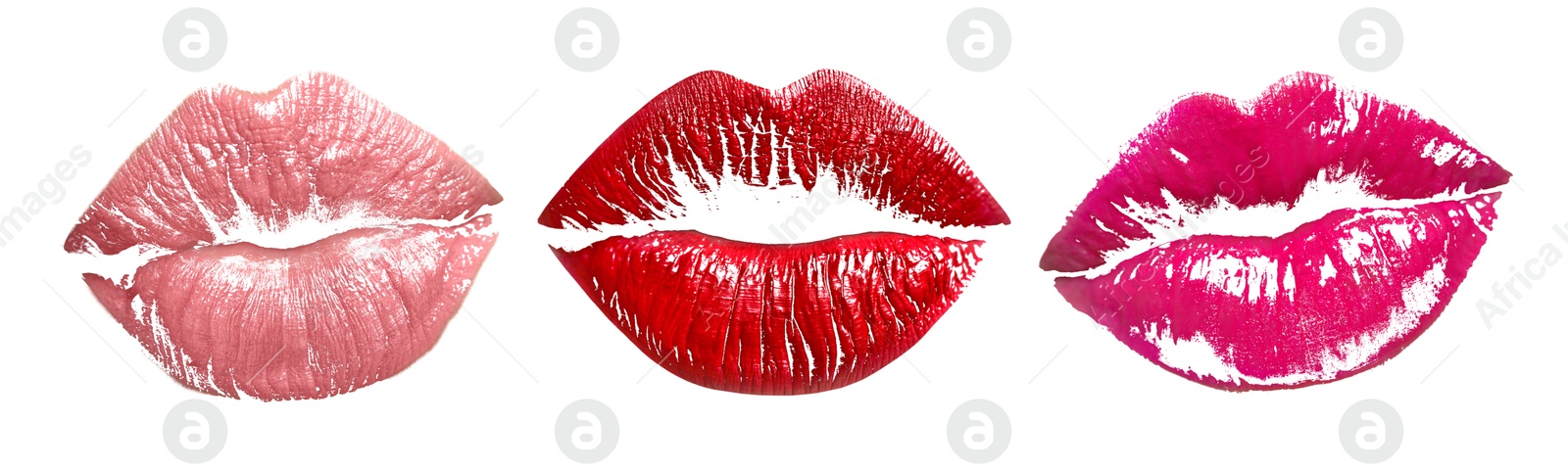 Image of Lipstick kiss marks in different colors on white background, set