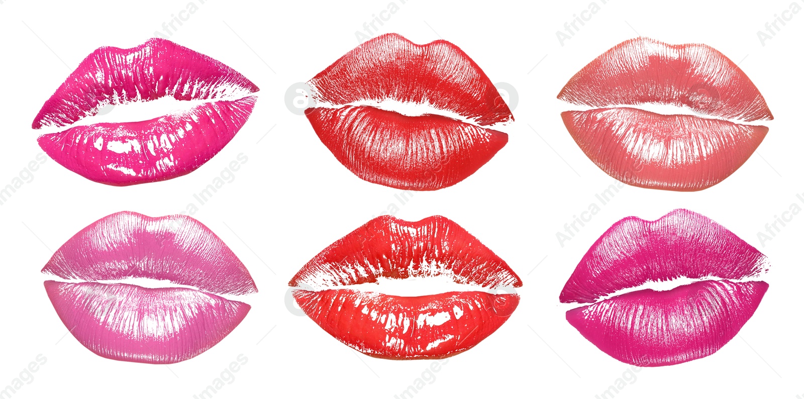 Lipstick kiss marks in different colors on white background, set Image of Lipstick kiss marks in different colors on white background, set