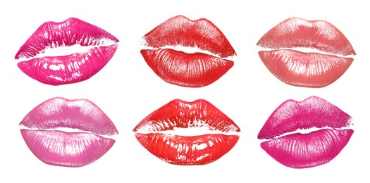 Image of Lipstick kiss marks in different colors on white background, set
