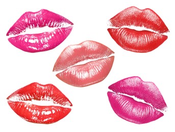 Image of Lipstick kiss marks in different colors on white background, set