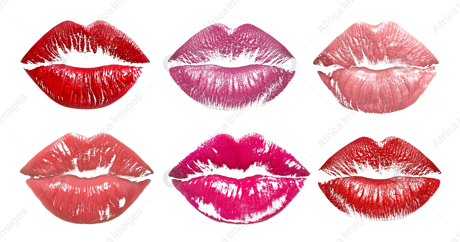 Image of Lipstick kiss marks in different colors on white background, set