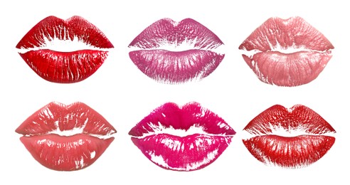 Image of Lipstick kiss marks in different colors on white background, set
