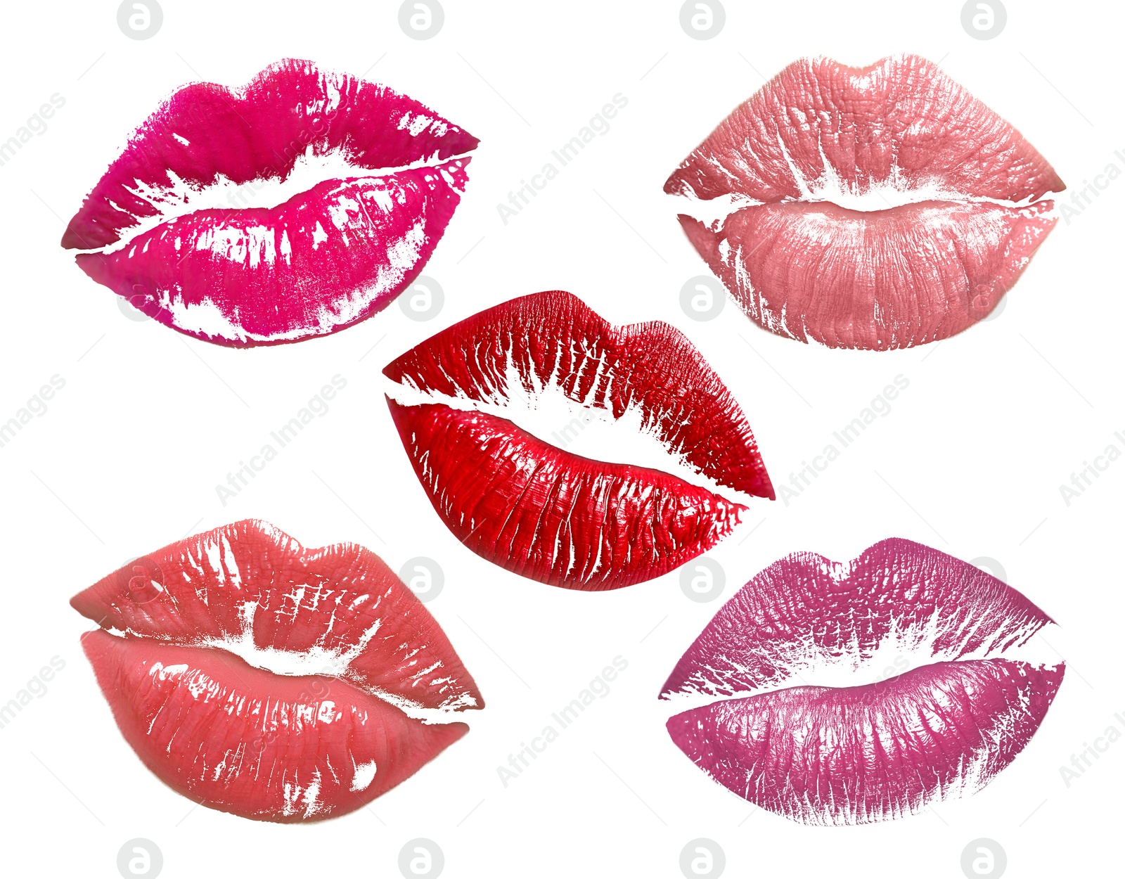 Image of Lipstick kiss marks in different colors on white background, set