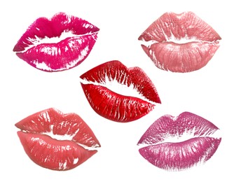 Image of Lipstick kiss marks in different colors on white background, set
