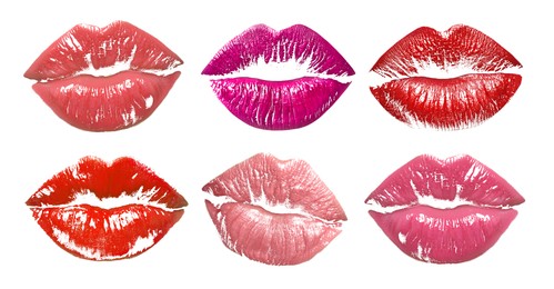 Image of Lipstick kiss marks in different colors on white background, set