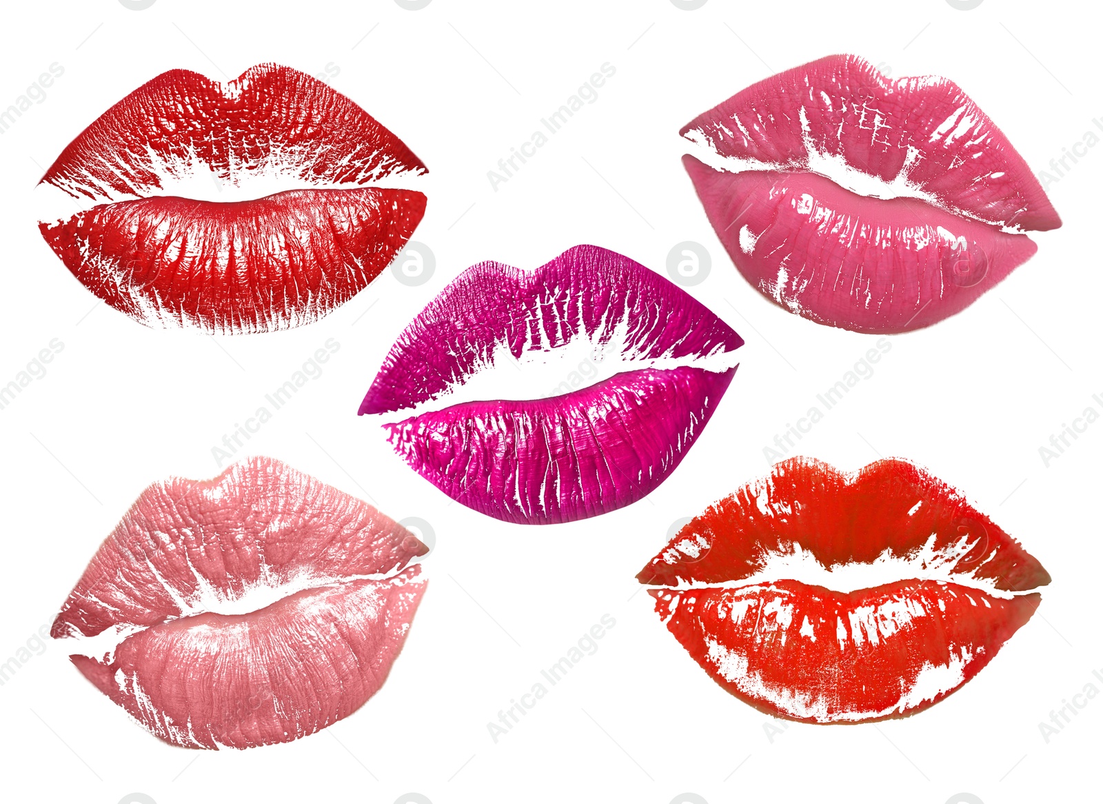 Image of Lipstick kiss marks in different colors on white background, set