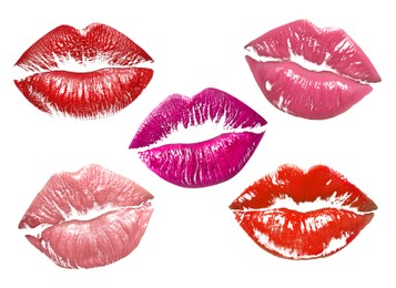Image of Lipstick kiss marks in different colors on white background, set