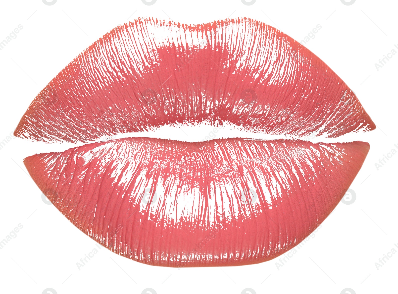 Image of Coral lipstick kiss mark on white background