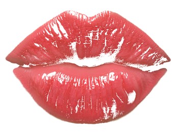 Image of Coral lipstick kiss mark on white background