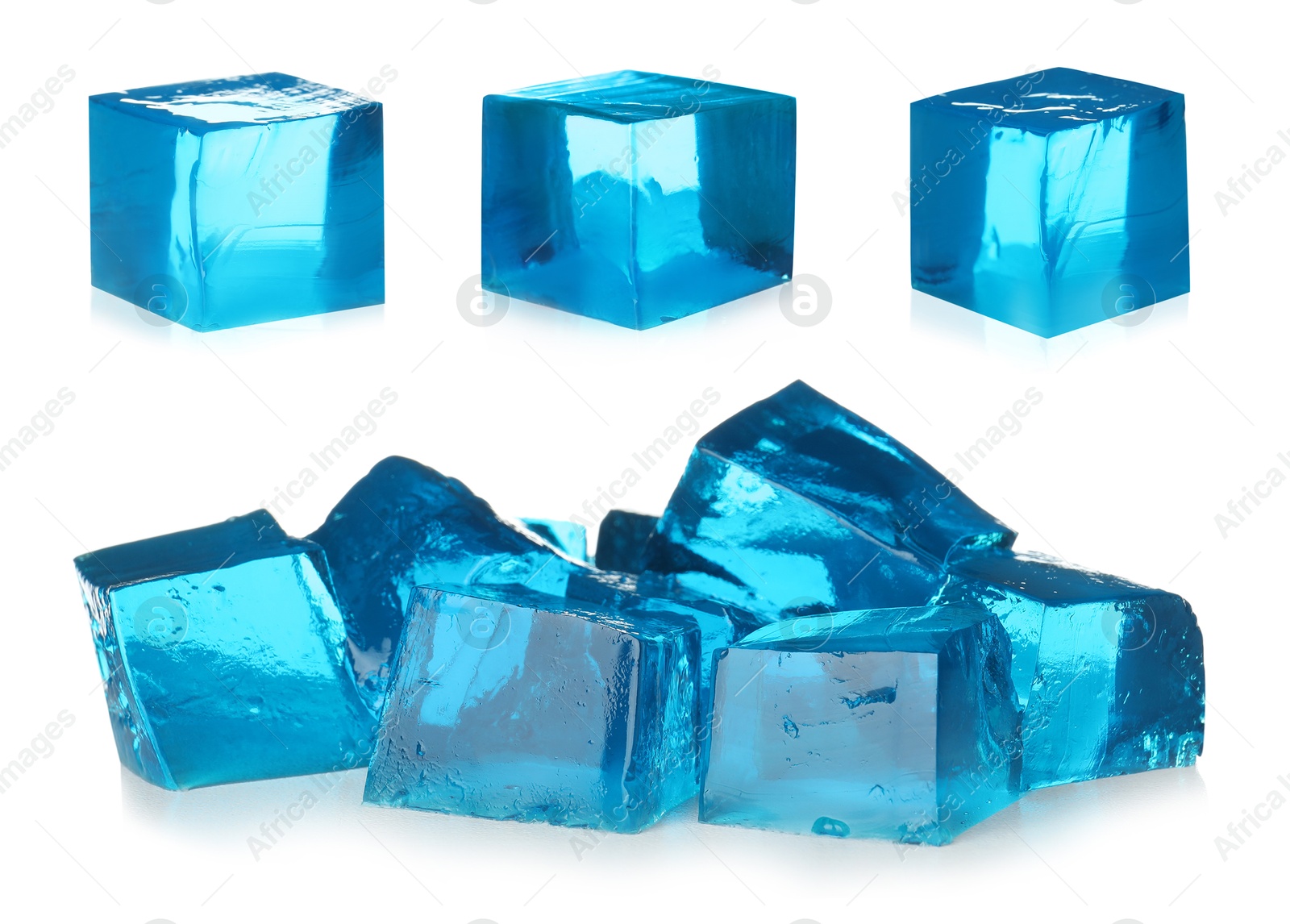 Image of Yummy blue jelly cubes isolated on white, collage