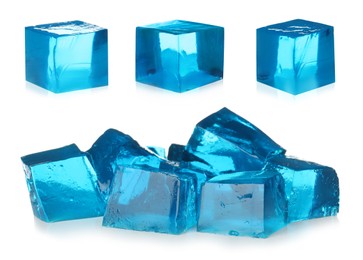 Image of Yummy blue jelly cubes isolated on white, collage