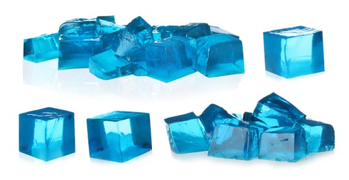 Image of Yummy blue jelly cubes isolated on white, collage