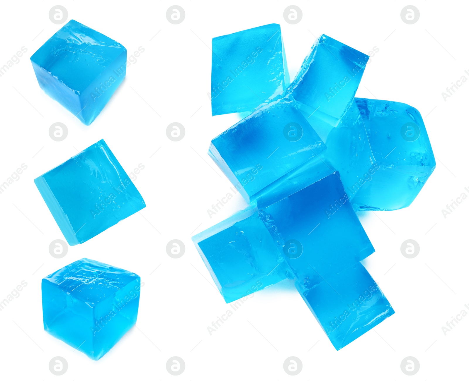 Image of Yummy blue jelly cubes isolated on white, collage