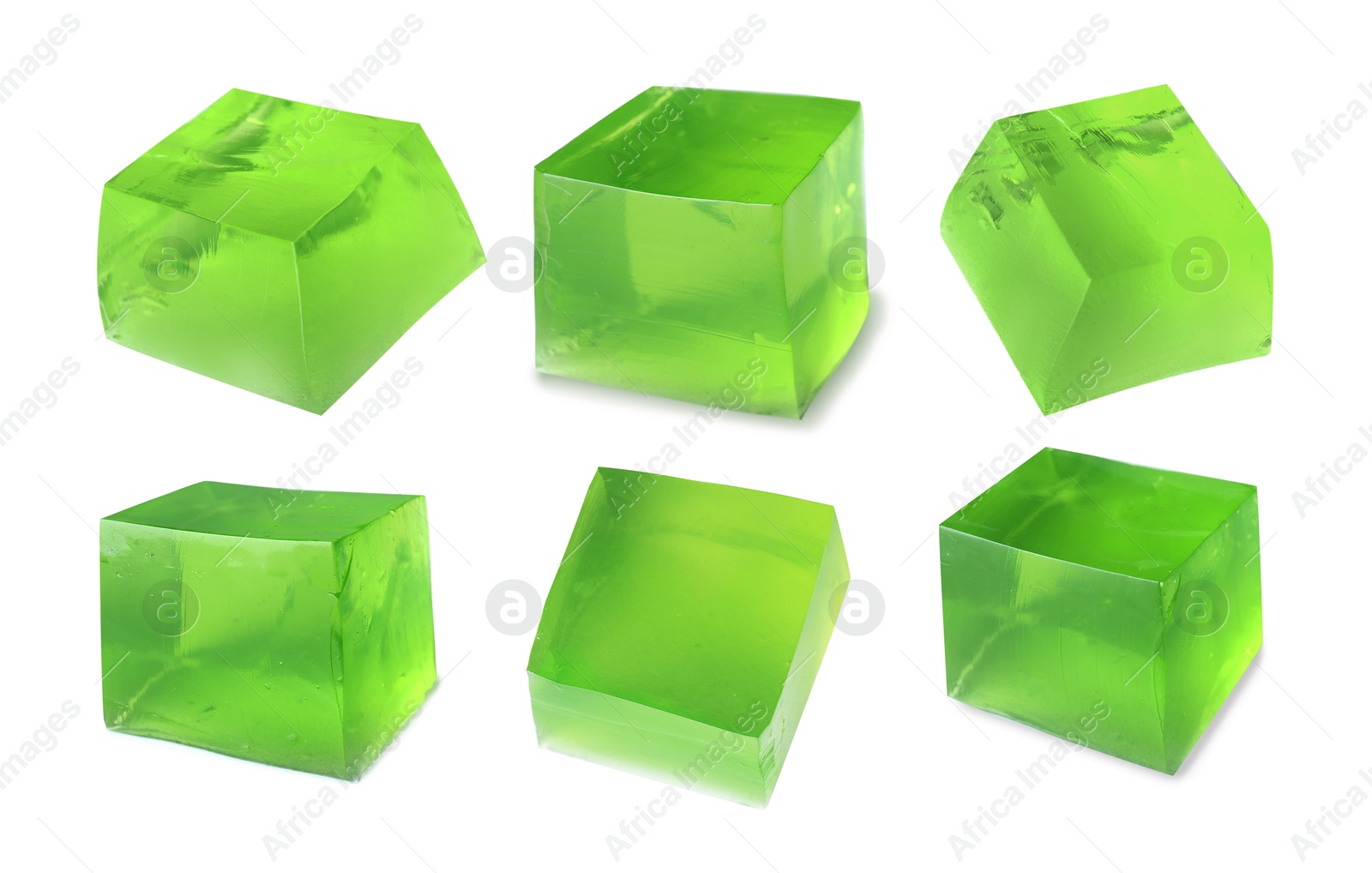 Yummy green jelly cubes isolated on white, collage Image of Yummy green jelly cubes isolated on white, collage
