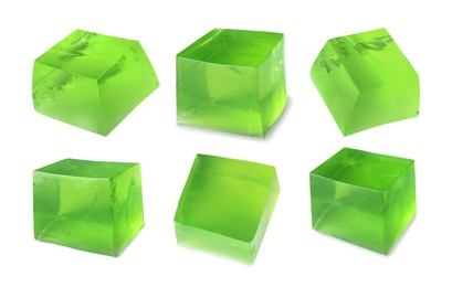 Image of Yummy green jelly cubes isolated on white, collage