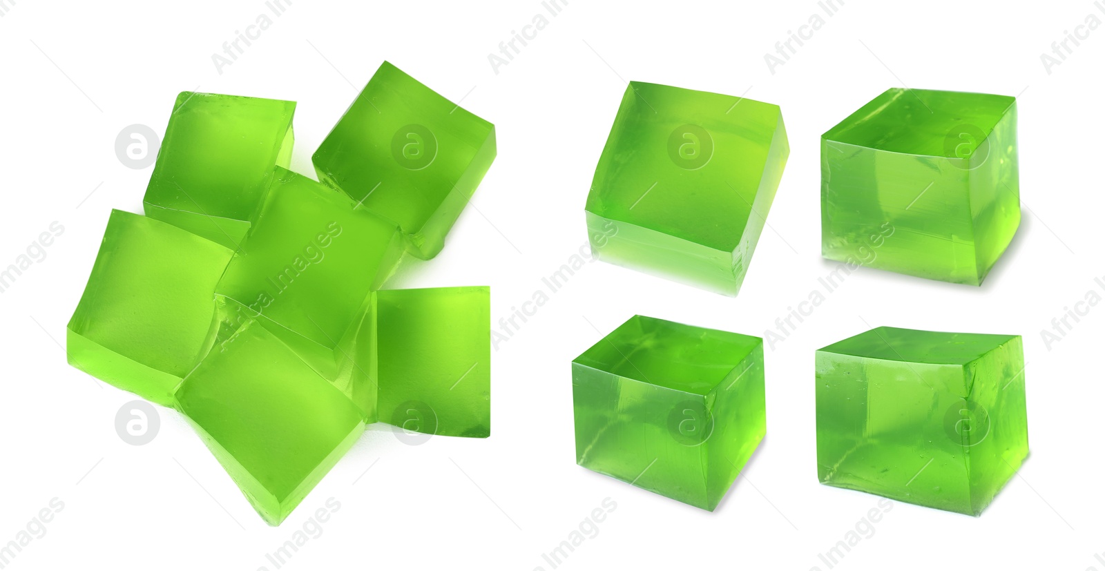 Yummy green jelly cubes isolated on white, collage Image of Yummy green jelly cubes isolated on white, collage