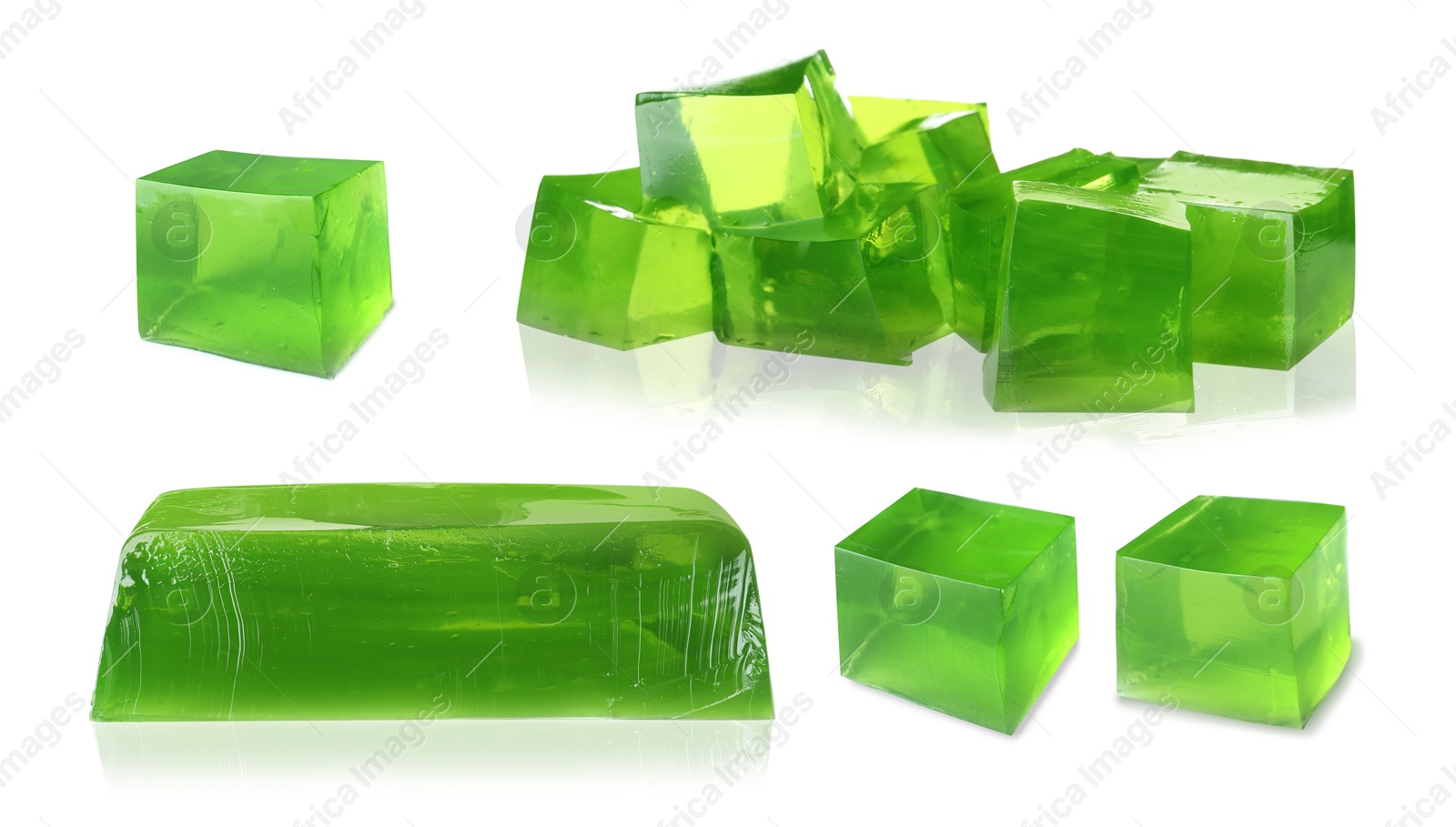 Yummy green jelly cubes isolated on white, collage Image of Yummy green jelly cubes isolated on white, collage