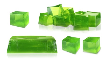 Image of Yummy green jelly cubes isolated on white, collage