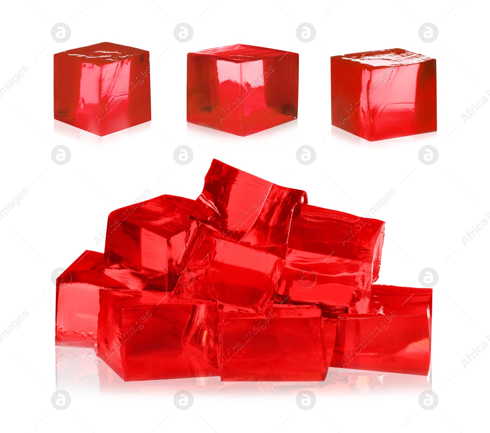 Yummy red jelly cubes isolated on white, collage Image of Yummy red jelly cubes isolated on white, collage