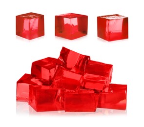Image of Yummy red jelly cubes isolated on white, collage