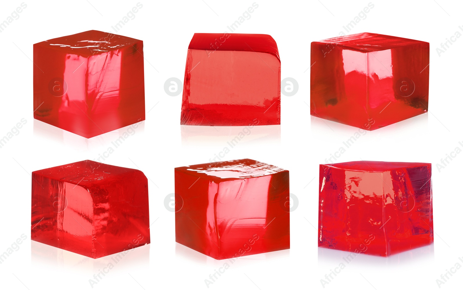Yummy red jelly cubes isolated on white, collage Image of Yummy red jelly cubes isolated on white, collage