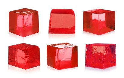 Image of Yummy red jelly cubes isolated on white, collage