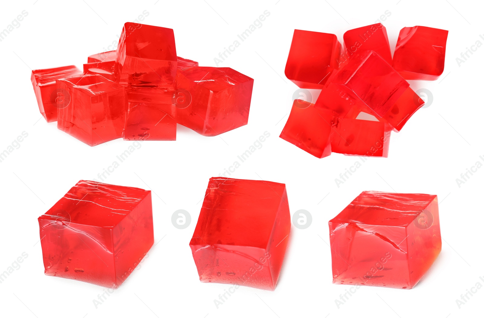 Yummy red jelly cubes isolated on white, collage Image of Yummy red jelly cubes isolated on white, collage