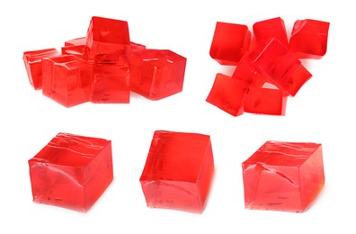 Image of Yummy red jelly cubes isolated on white, collage