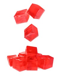Image of Yummy red jelly cubes falling on white background