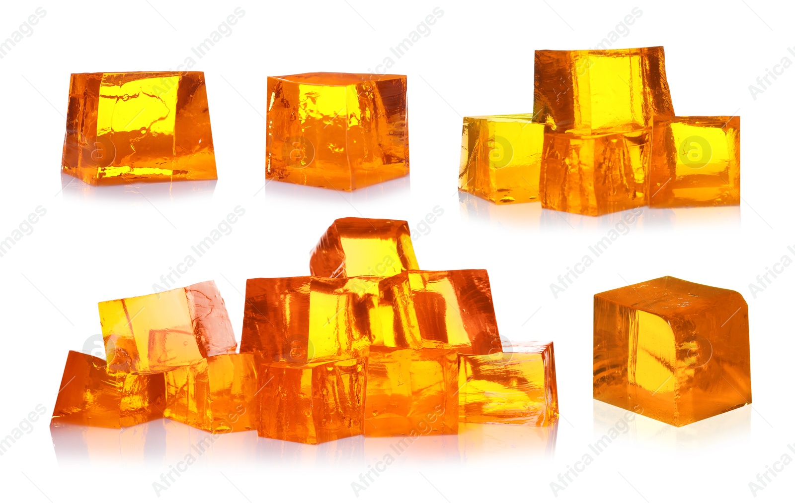 Yummy orange jelly cubes isolated on white, collage Image of Yummy orange jelly cubes isolated on white, collage