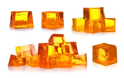 Image of Yummy orange jelly cubes isolated on white, collage