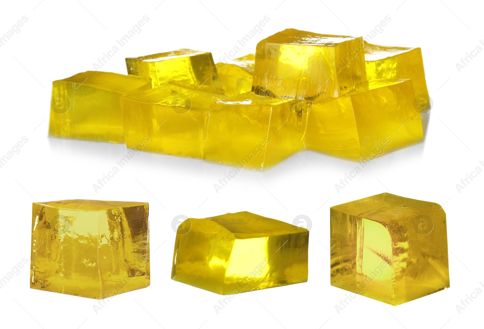 Delicious yellow jelly cubes isolated on white, collage Image of Delicious yellow jelly cubes isolated on white, collage