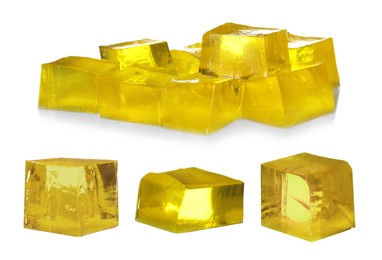 Image of Delicious yellow jelly cubes isolated on white, collage