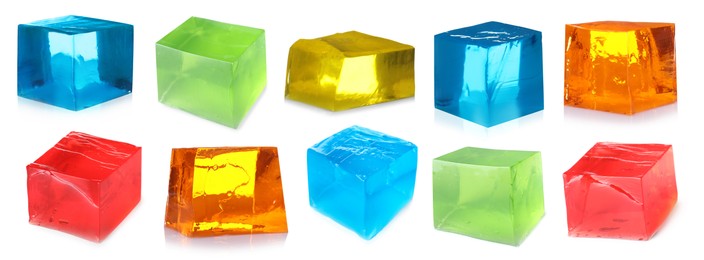 Image of Different yummy jelly cubes isolated on white, collage