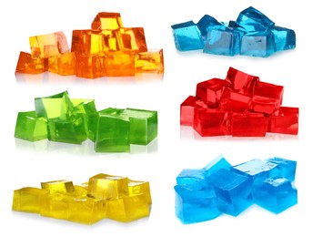 Image of Different yummy jelly cubes isolated on white, collage