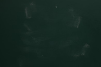 Photo of Chalk rubbed out on green chalkboard as background, closeup. Space for text