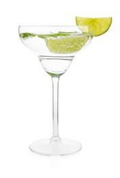 Photo of Martini cocktail with slices of lime and mint on white background