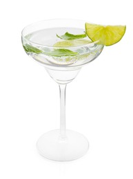 Photo of Martini cocktail with slices of lime and mint on white background